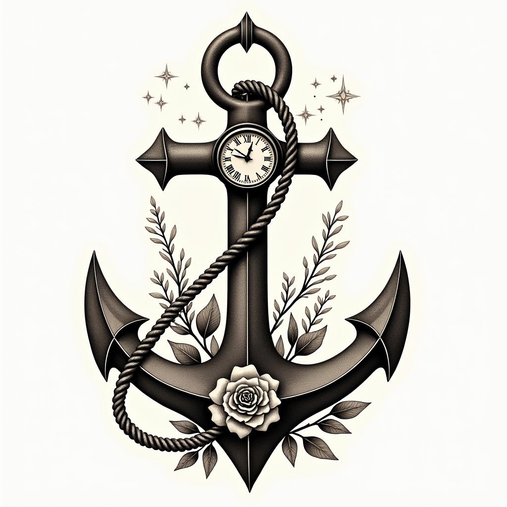 Anchor with nautical rope and compassin victorian style tattoo, featuring vintage and elegant elements, ornate frames, roses, antique, sepia-toned color scheme - Variation 8