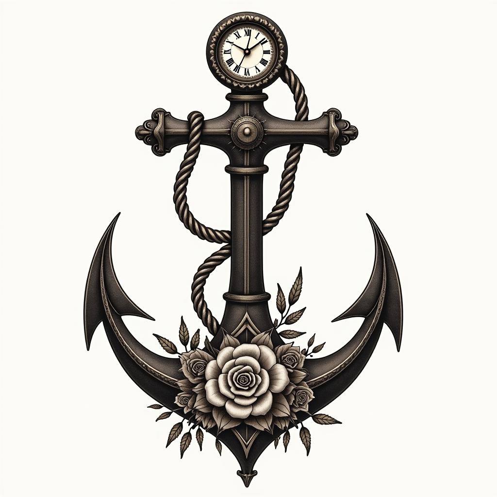 Anchor with nautical rope and compassin victorian style tattoo, featuring vintage and elegant elements, ornate frames, roses, antique, sepia-toned color scheme - Variation 5