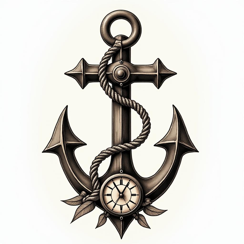 Anchor with nautical rope and compassin victorian style tattoo, featuring vintage and elegant elements, ornate frames, roses, antique, sepia-toned color scheme - Variation 6