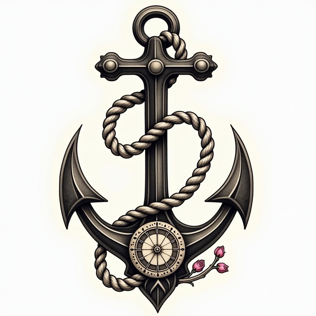 Anchor with nautical rope and compassin victorian style tattoo, featuring vintage and elegant elements, ornate frames, roses, antique, sepia-toned color scheme - Variation 7