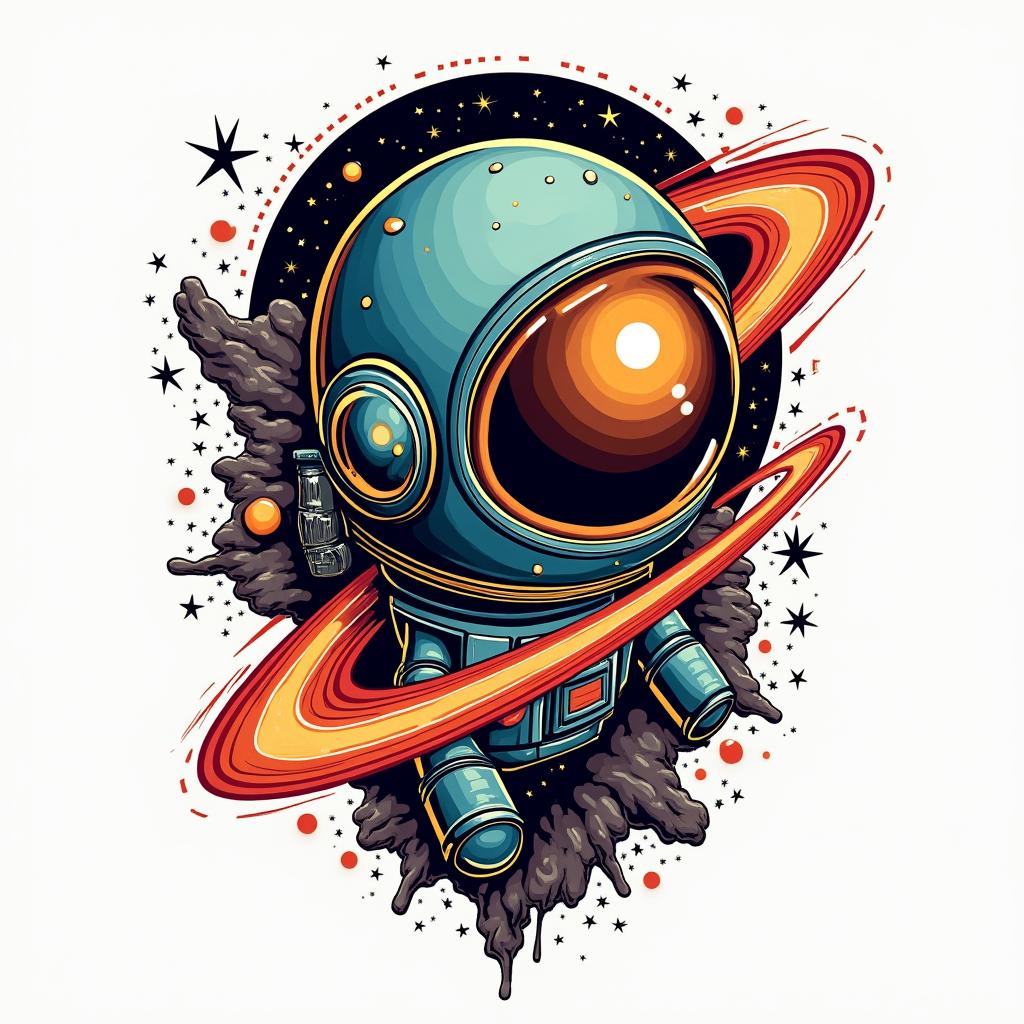 Spacein pop art style tattoo, featuring bold and vibrant colors, exaggerated outlines, iconic imagery, inspired by comic books and speech bubbles, comic book characters, retro pop culture - Variation 4