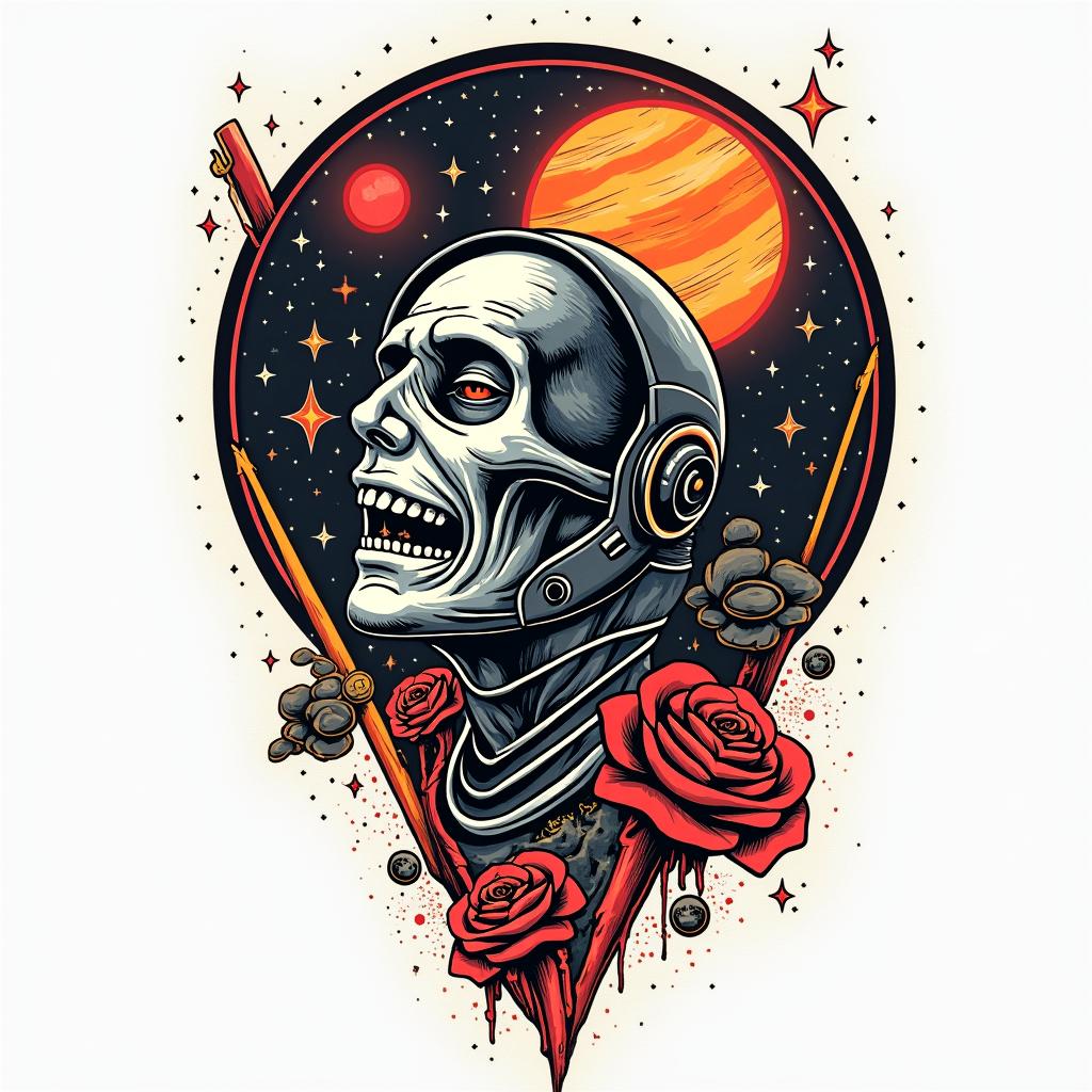 Spacein pop art style tattoo, featuring bold and vibrant colors, exaggerated outlines, iconic imagery, inspired by comic books and speech bubbles, comic book characters, retro pop culture - Variation 3