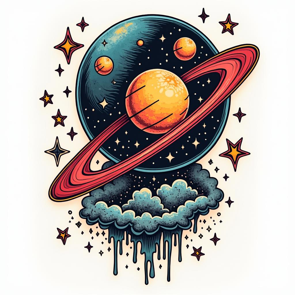 Spacein pop art style tattoo, featuring bold and vibrant colors, exaggerated outlines, iconic imagery, inspired by comic books and speech bubbles, comic book characters, retro pop culture