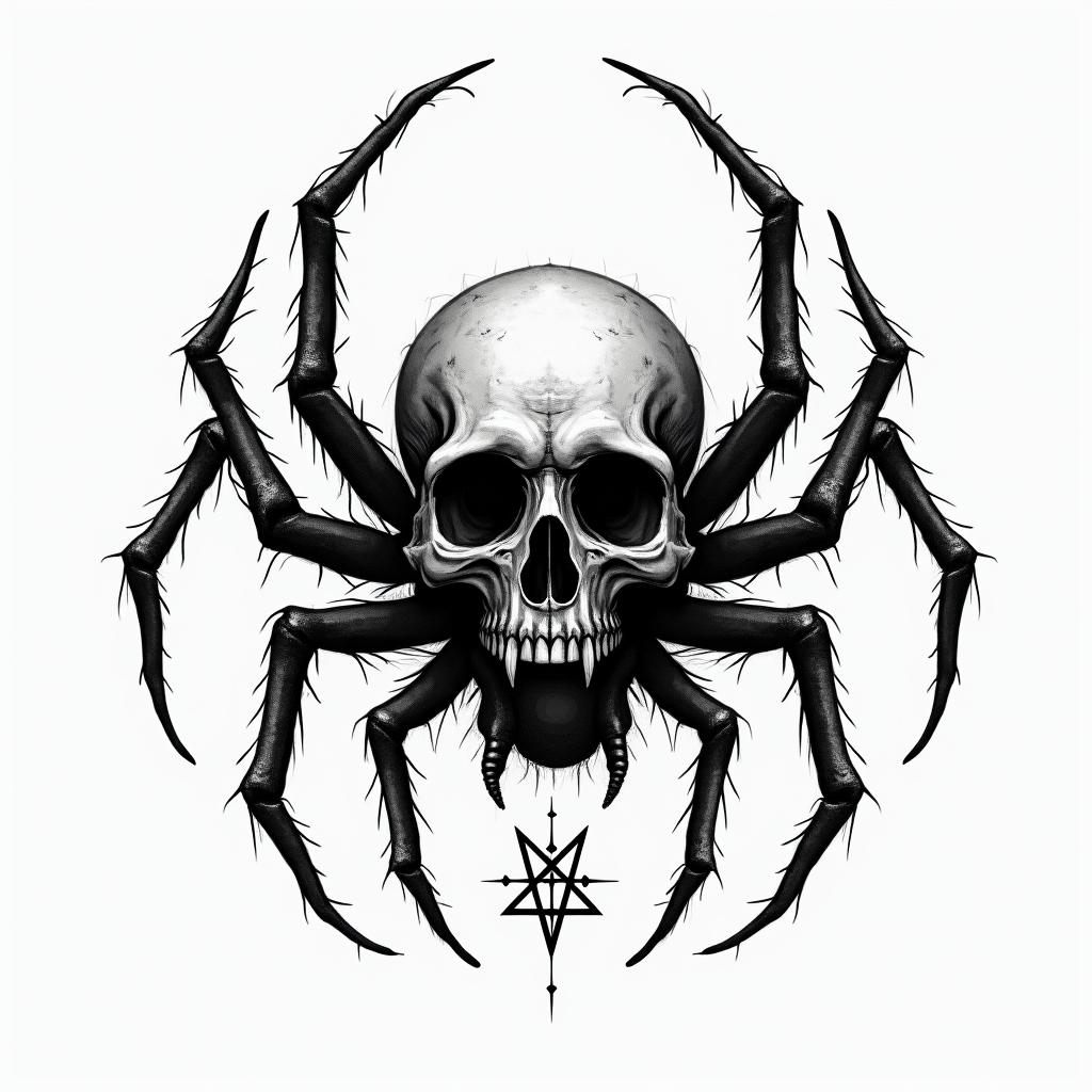 Black widow spider with background designcreepy horror tattoo style, featuring an eerie and unsettling skull of a demonic creature, distorted face with sharp fangs, add pentagram symbol - Variation 3