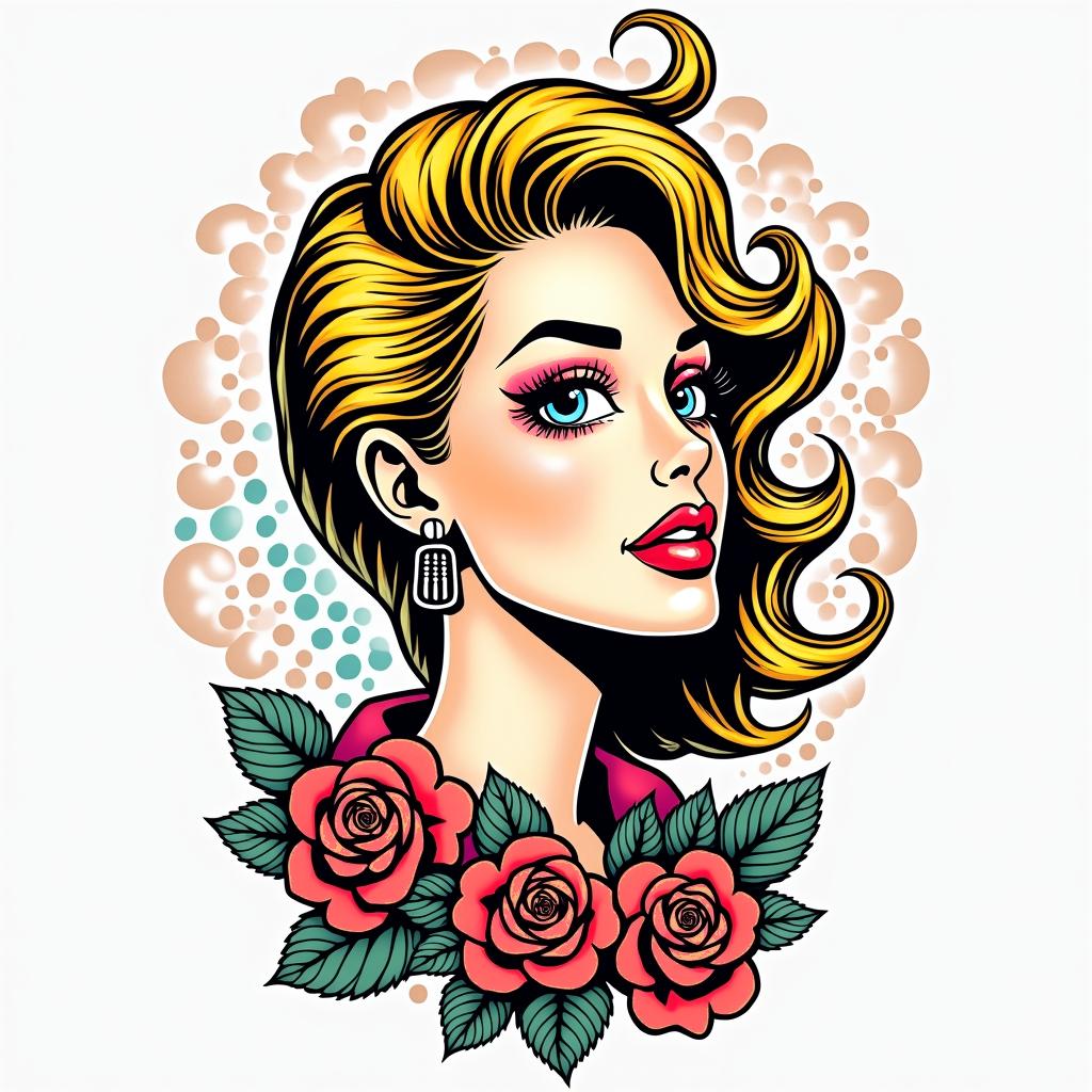 Picture of me as pin upin pop art style tattoo, featuring bold and vibrant colors, exaggerated outlines, iconic imagery, inspired by comic books and speech bubbles, comic book characters, retro pop culture - Variation 4
