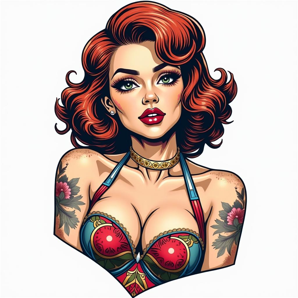 Picture of me as pin upin pop art style tattoo, featuring bold and vibrant colors, exaggerated outlines, iconic imagery, inspired by comic books and speech bubbles, comic book characters, retro pop culture - Variation 2