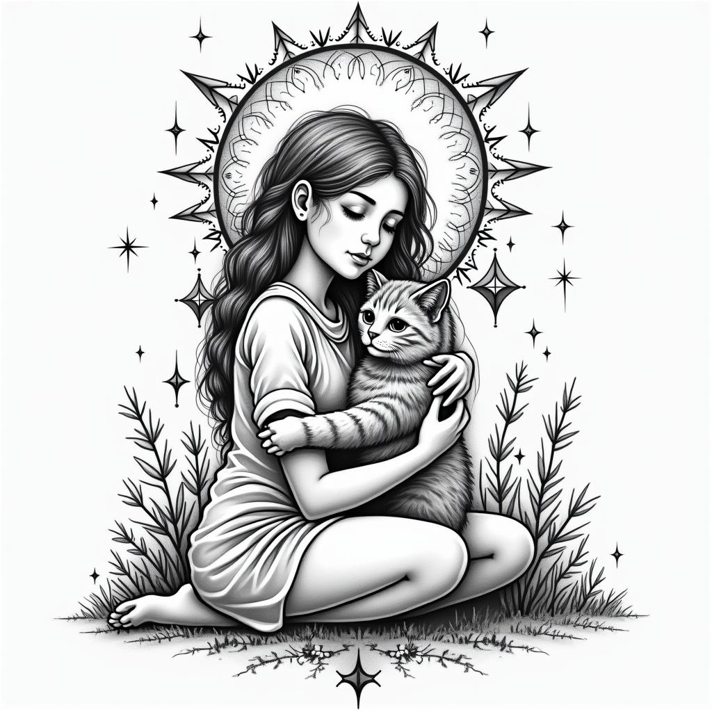 A girl and mom hugging with a cat on the groundin prophecy tattoo style, featuring mystical symbols, celestial imagery like stars, moons, suns, geometric patterns, foretelling elements, an eye of wisdom