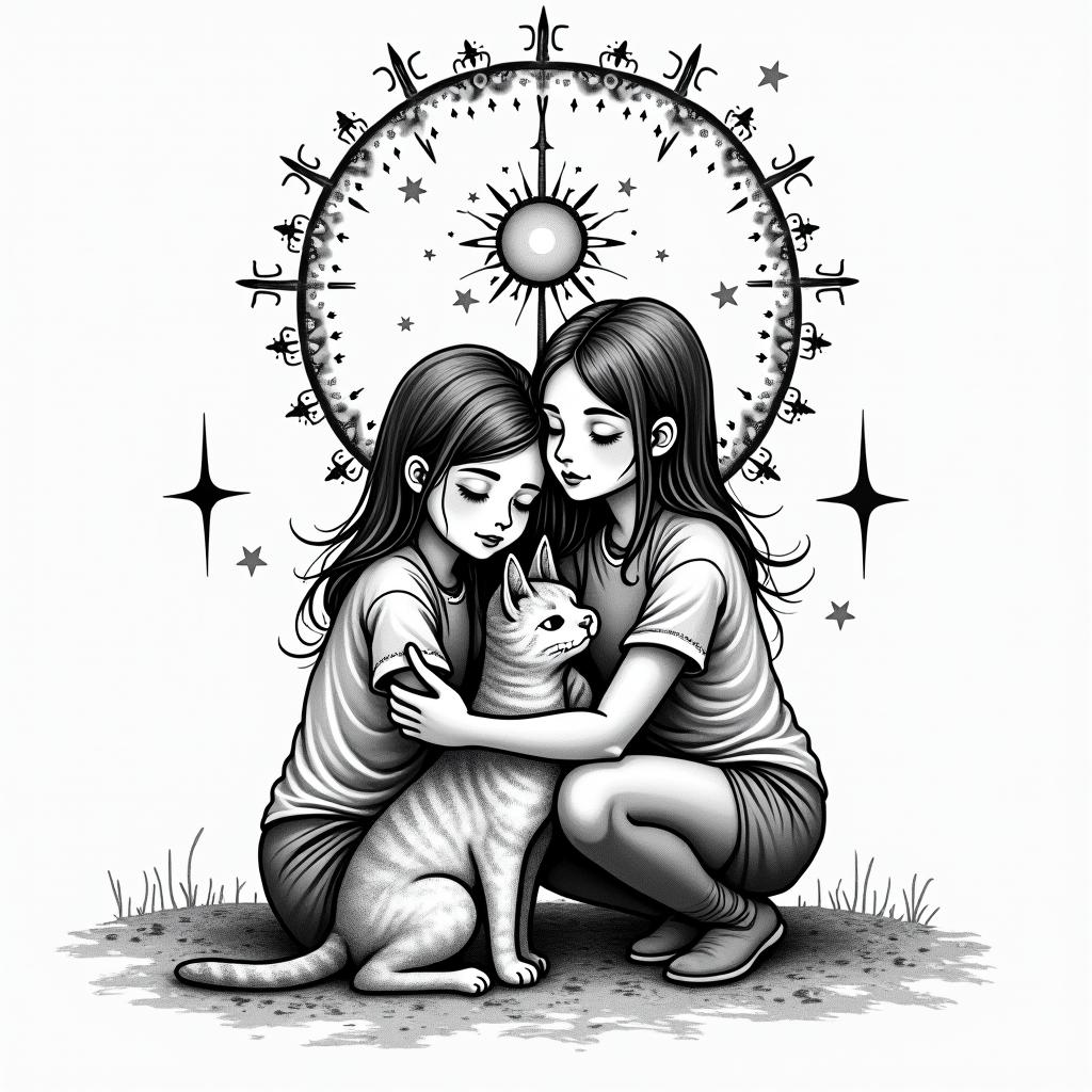 A girl and mom hugging with a cat on the groundin prophecy tattoo style, featuring mystical symbols, celestial imagery like stars, moons, suns, geometric patterns, foretelling elements, an eye of wisdom - Variation 2