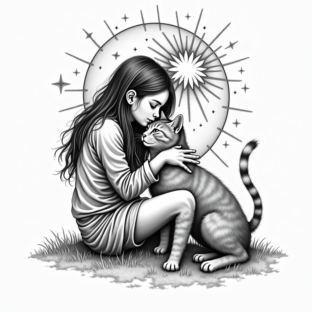 A girl and mom hugging with a cat on the groundin prophecy tattoo style, featuring mystical symbols, celestial imagery like stars, moons, suns, geometric patterns, foretelling elements, an eye of wisdom - Variation 3