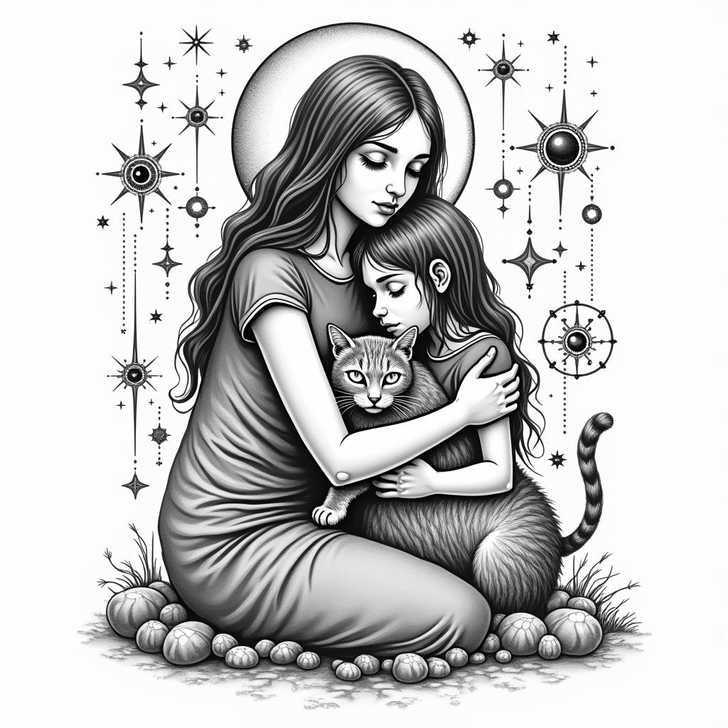A girl and mom hugging with a cat on the groundin prophecy tattoo style, featuring mystical symbols, celestial imagery like stars, moons, suns, geometric patterns, foretelling elements, an eye of wisdom - Variation 4