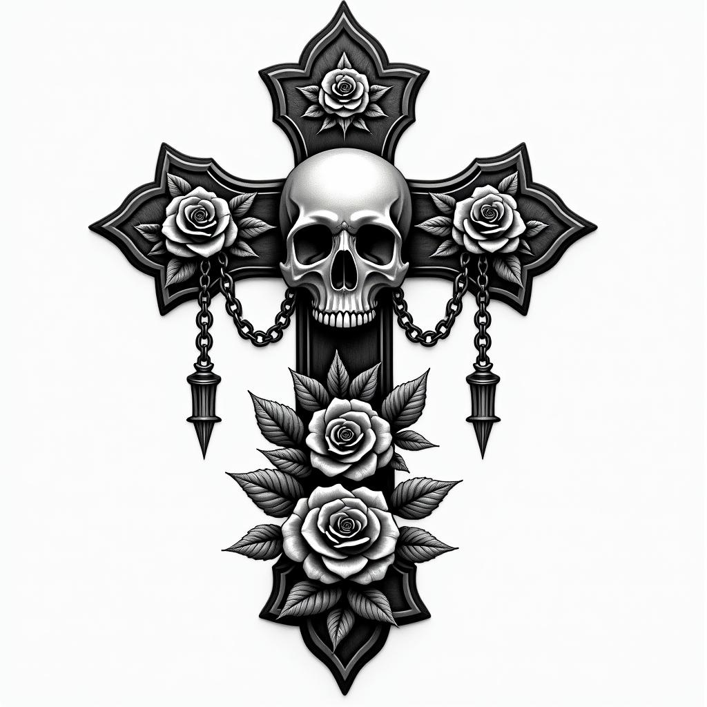 Leonardoin chicano style tattoo, featuring intricate black and grey shading, bold elements of traditional chicano culture symbols, add a big cross with skull, chains and roses