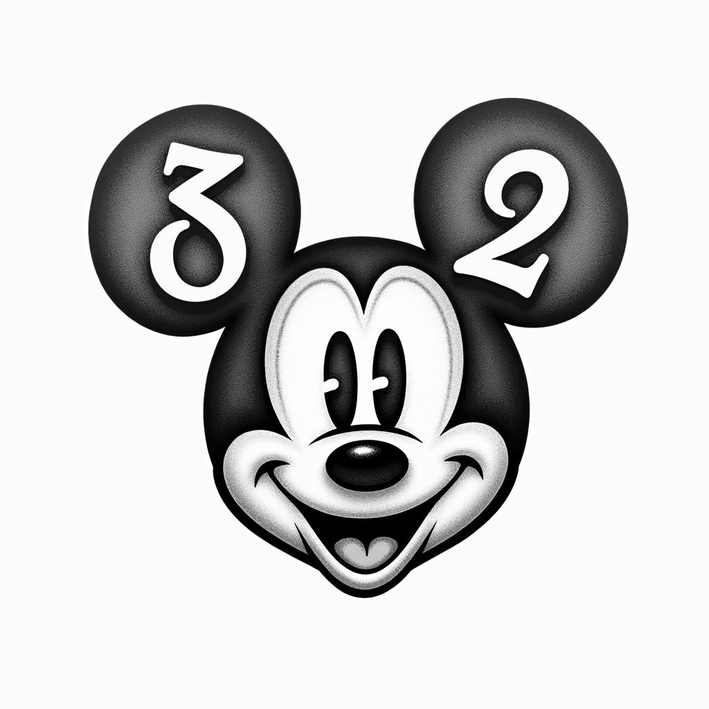 Mickey Mouse outline with the Roman numerals for the date 8th June 2025higly detailed tattoo - Variation 1