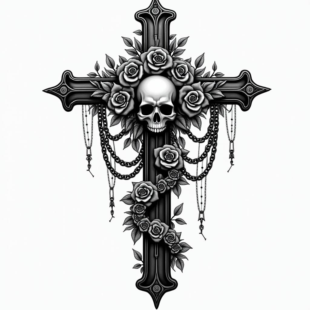 Leonardoin chicano style tattoo, featuring intricate black and grey shading, bold elements of traditional chicano culture symbols, add a big cross with skull, chains and roses - Variation 2