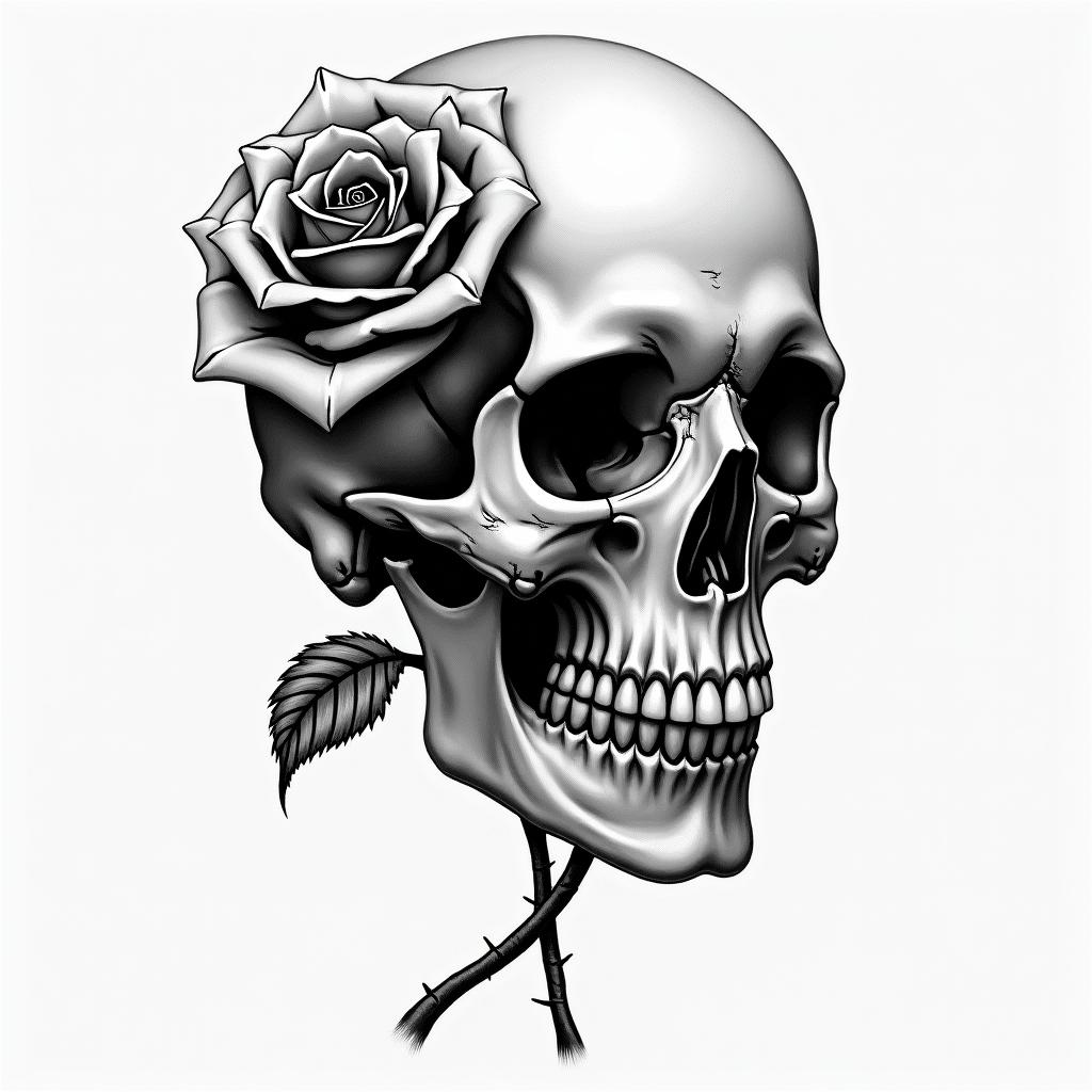 Skull with wilted rosehigly detailed tattoo