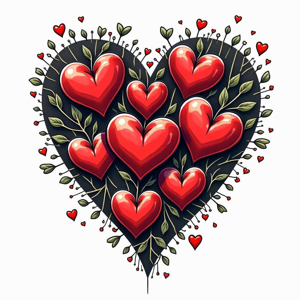 7 heartsin pop art style tattoo, featuring bold and vibrant colors, exaggerated outlines, iconic imagery, inspired by comic books and speech bubbles, comic book characters, retro pop culture