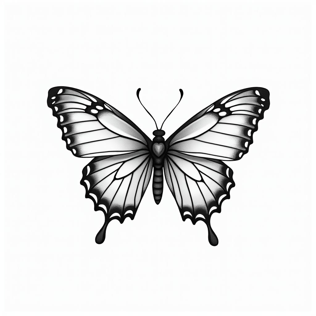 Butterfly with intricate wing patternsin Modest style tattoo, featuring soft, delicate line work with simple and meaningful symbols, gentle waves, a heart, evoking a sense of serenity and grace, - Variation 3