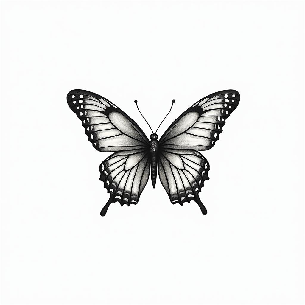 Butterfly with intricate wing patternsin Modest style tattoo, featuring soft, delicate line work with simple and meaningful symbols, gentle waves, a heart, evoking a sense of serenity and grace, - Variation 2