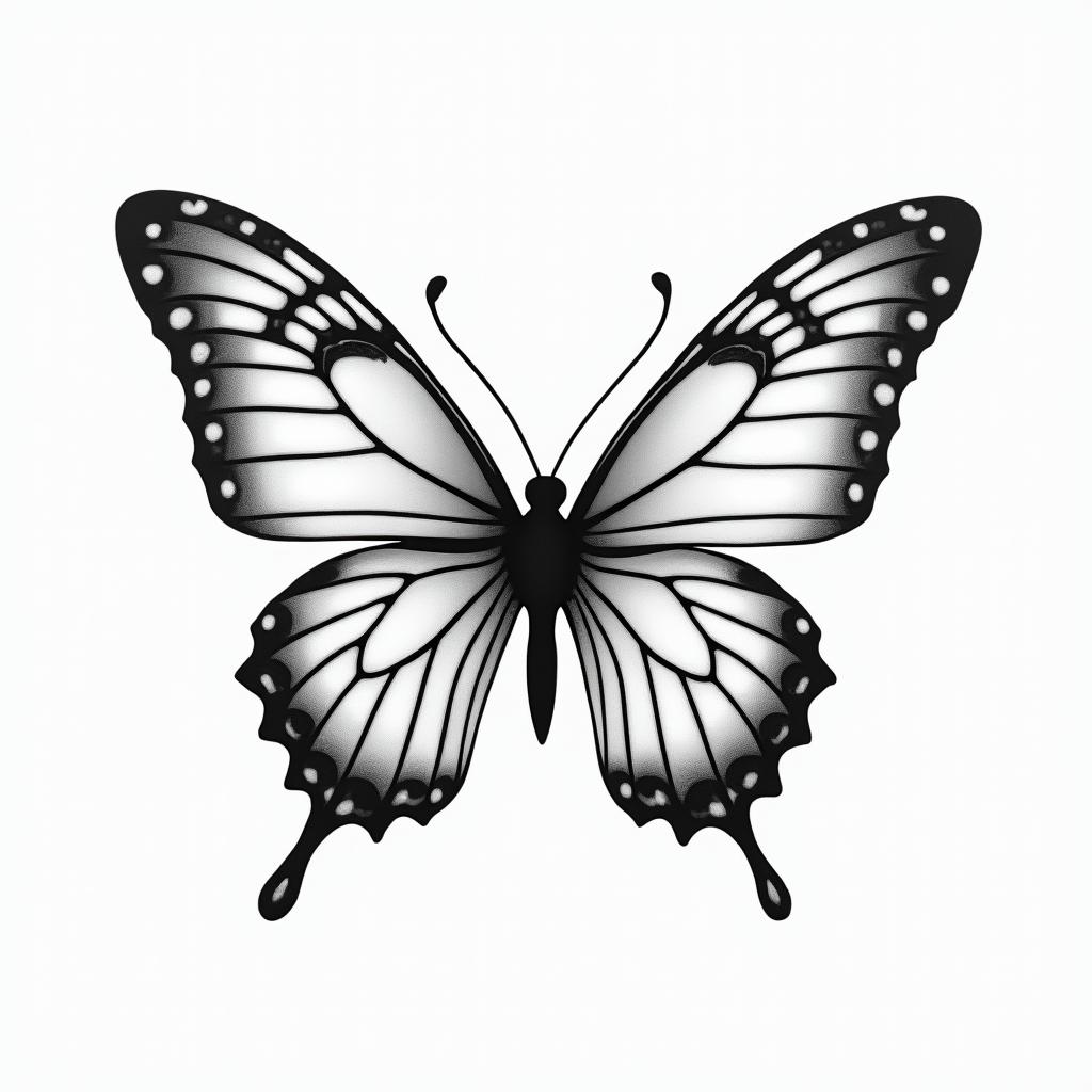 Butterfly with intricate wing patternsin Modest style tattoo, featuring soft, delicate line work with simple and meaningful symbols, gentle waves, a heart, evoking a sense of serenity and grace,