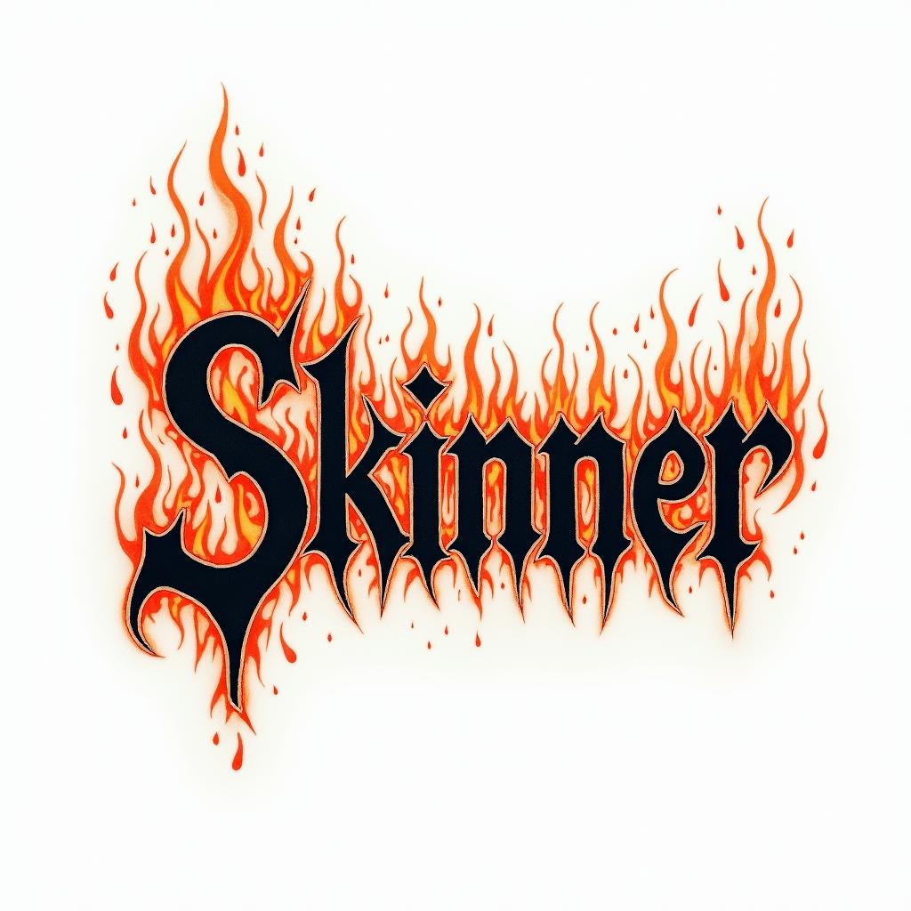 Draw the name skinnerback in gothic textin flame tattoo style showcasing fiery elements with dynamic flame patterns, glowing effect of flames, natural colors - Variation 4