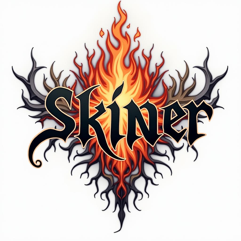 Draw the name skinnerback in gothic textin flame tattoo style showcasing fiery elements with dynamic flame patterns, glowing effect of flames, natural colors - Variation 3