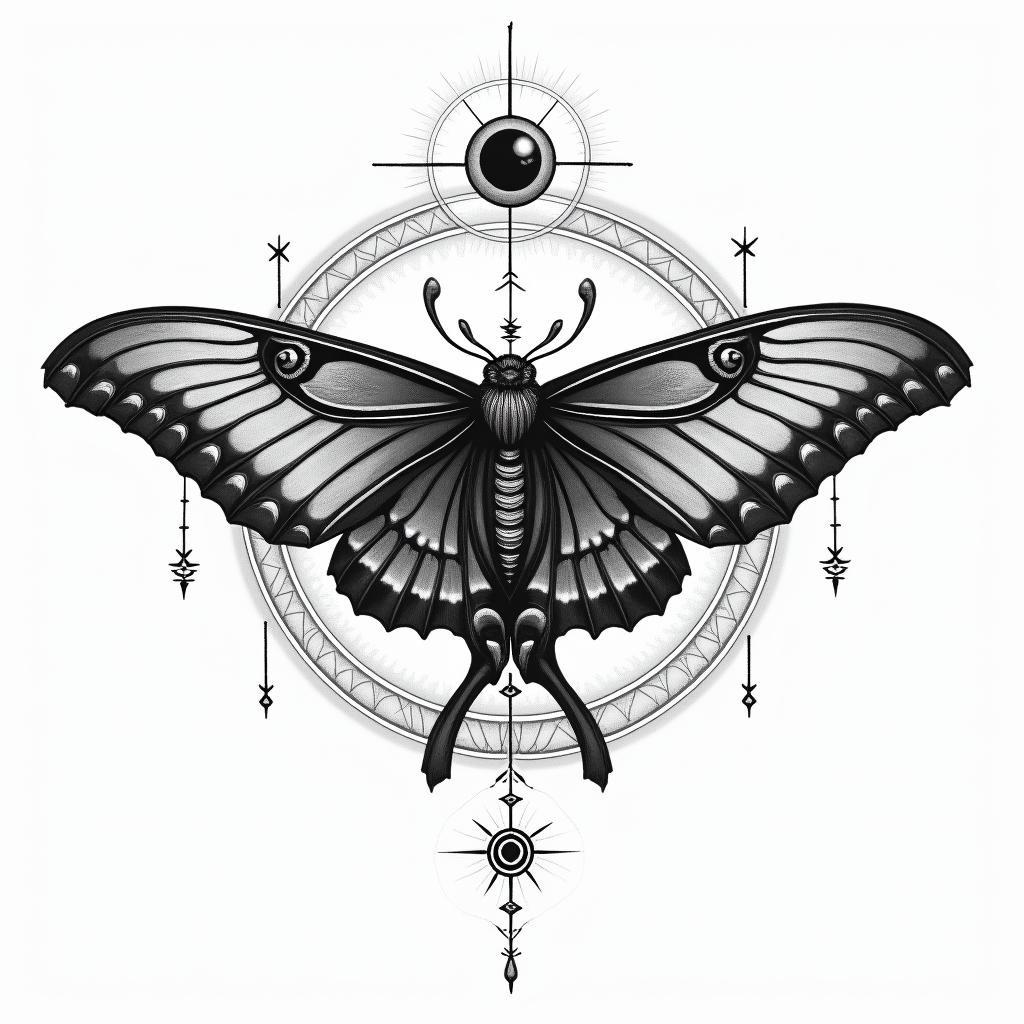 Luna moth with infinity symbol in the middlein prophecy tattoo style, featuring mystical symbols, celestial imagery like stars, moons, suns, geometric patterns, foretelling elements, an eye of wisdom - Variation 8
