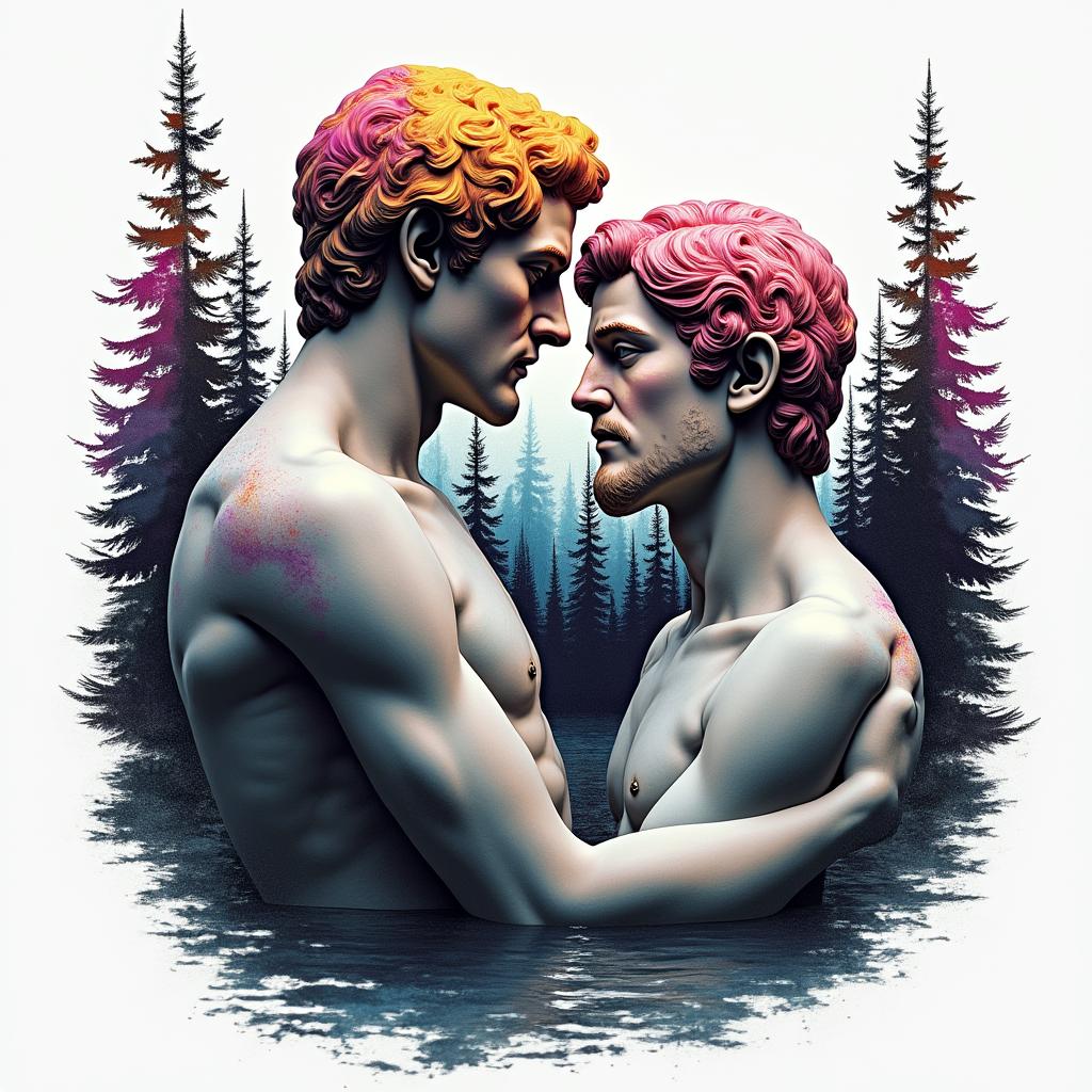 Son with father at the lake. Background forests.in distorted and fragmented tattoo design, featuring a classical statue bust, in a glitch art style with vibrant, overlapping colors of cyan, magenta, and yellow, creating a digital distortion effect