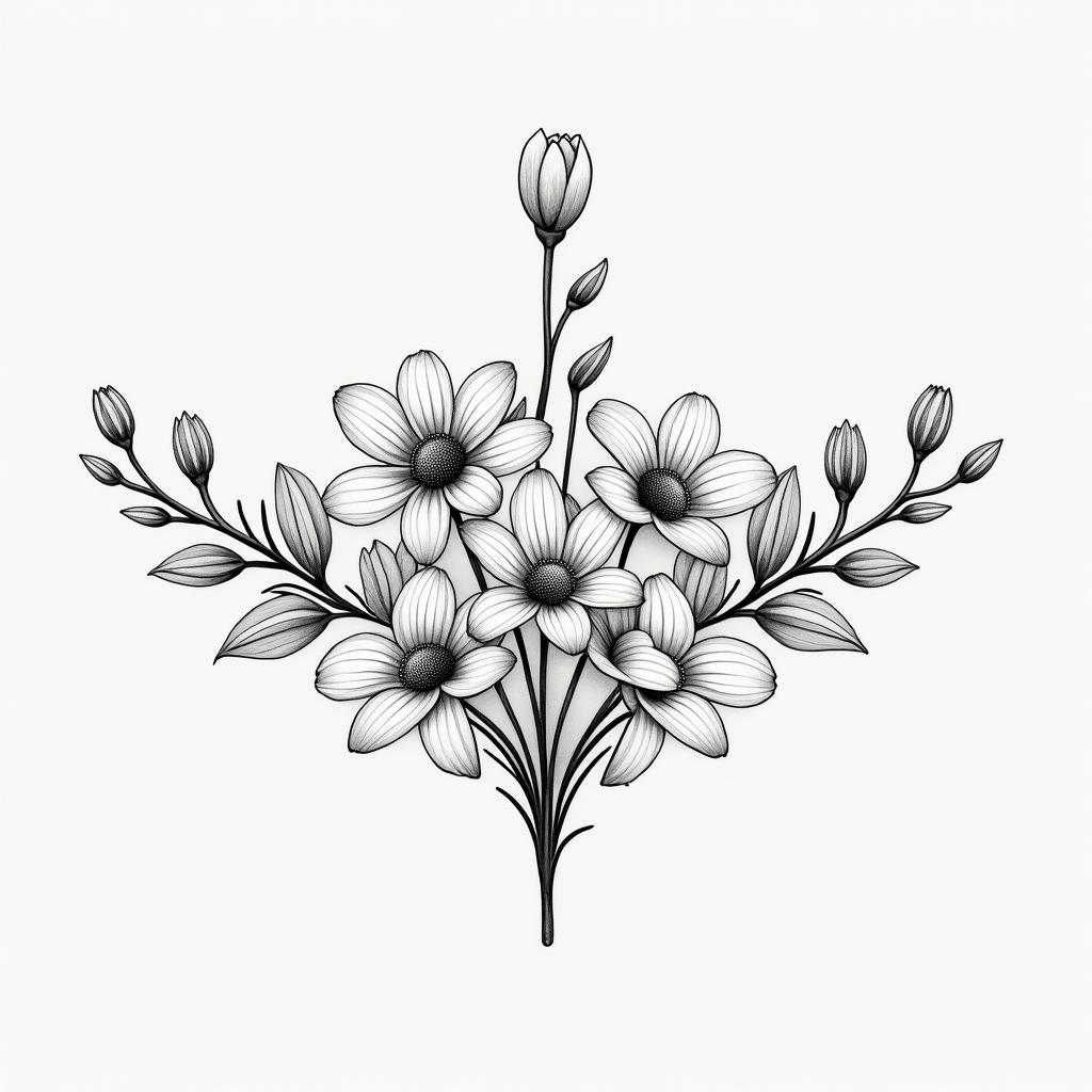 Upper arm half sleeve tattoo of daisies, water lilies, and lily of the valleyin Modest style tattoo, featuring soft, delicate line work with simple and meaningful symbols, gentle waves, a heart, evoking a sense of serenity and grace,