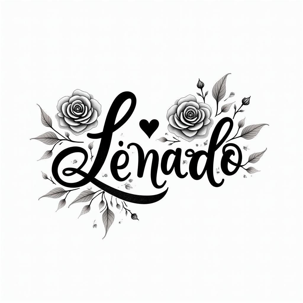 Leonardoin elegant cursive calligraphy style 2d tattoo, decorate with roses, featuring a smooth and flowing handwritten script with slightly thickened strokes for a luxurious and bold appearance,  heart symbol between names,  sleek and glossy black text with shadowing, minimalist matte white background, clean and sharp edges, illuminated with soft lighting, romantic, 8k, high-quality textures with refined typography - Variation 3