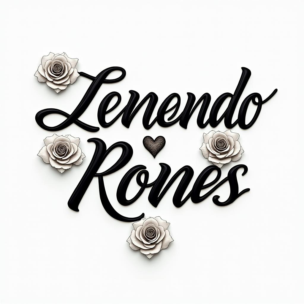 Leonardoin elegant cursive calligraphy style 2d tattoo, decorate with roses, featuring a smooth and flowing handwritten script with slightly thickened strokes for a luxurious and bold appearance,  heart symbol between names,  sleek and glossy black text with shadowing, minimalist matte white background, clean and sharp edges, illuminated with soft lighting, romantic, 8k, high-quality textures with refined typography