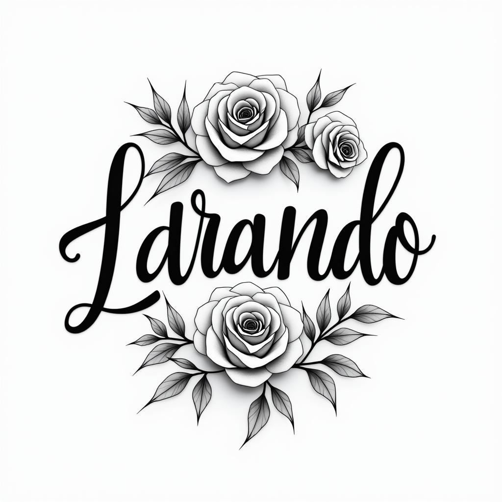 Leonardoin elegant cursive calligraphy style 2d tattoo, decorate with roses, featuring a smooth and flowing handwritten script with slightly thickened strokes for a luxurious and bold appearance,  heart symbol between names,  sleek and glossy black text with shadowing, minimalist matte white background, clean and sharp edges, illuminated with soft lighting, romantic, 8k, high-quality textures with refined typography - Variation 2