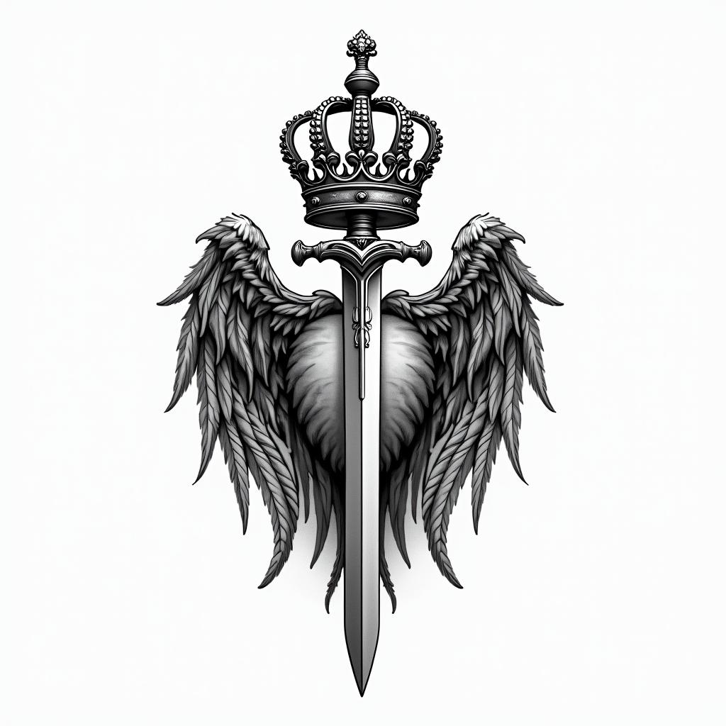 Family crest with crown and swordhigly detailed tattoo - Variation 3