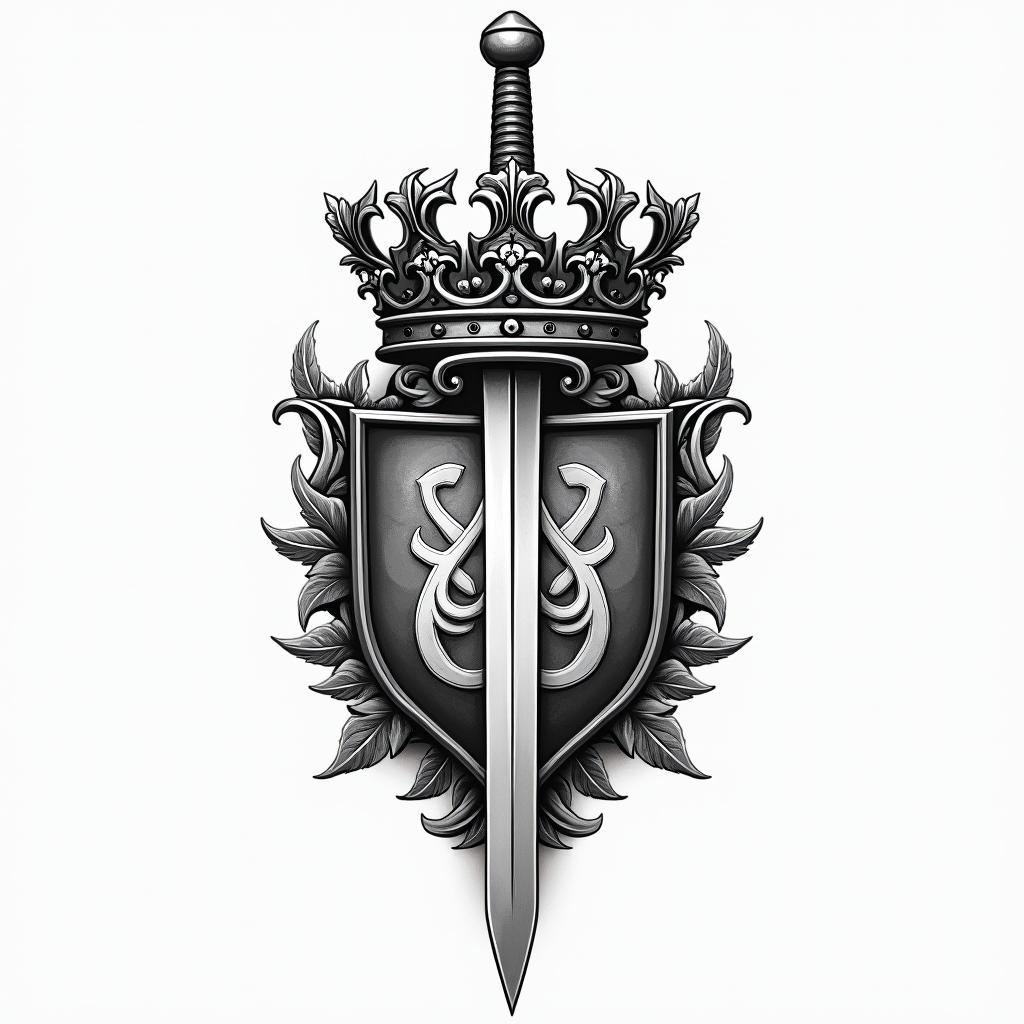 Family crest with crown and swordhigly detailed tattoo - Variation 2