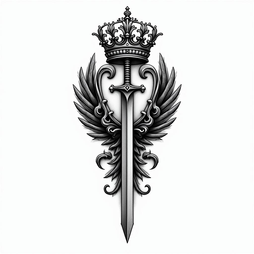 Family crest with crown and swordhigly detailed tattoo - Variation 4