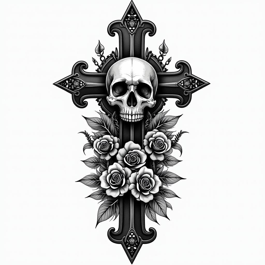 José Barrientos Gaytan Virgo sign Mexicanin chicano style tattoo, featuring intricate black and grey shading, bold elements of traditional chicano culture symbols, add a big cross with skull, chains and roses