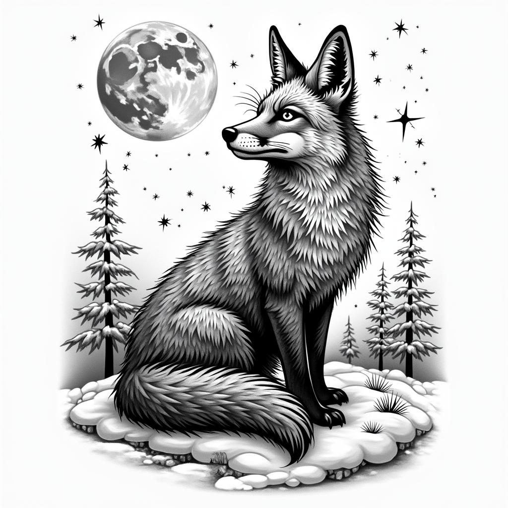 A fox in a snowy landscape under the full moon. In its eyes, there are the constellations of Capricorn and Sagittarius.in graffiti style tattoo, featuring bold and dynamic street art elements, spray-paint texture with exaggerated lines and expressive, chaotic brushstrokes, intricate lettering incorporated with graffiti tags, symbols like hearts, stars, and wings - Variation 2