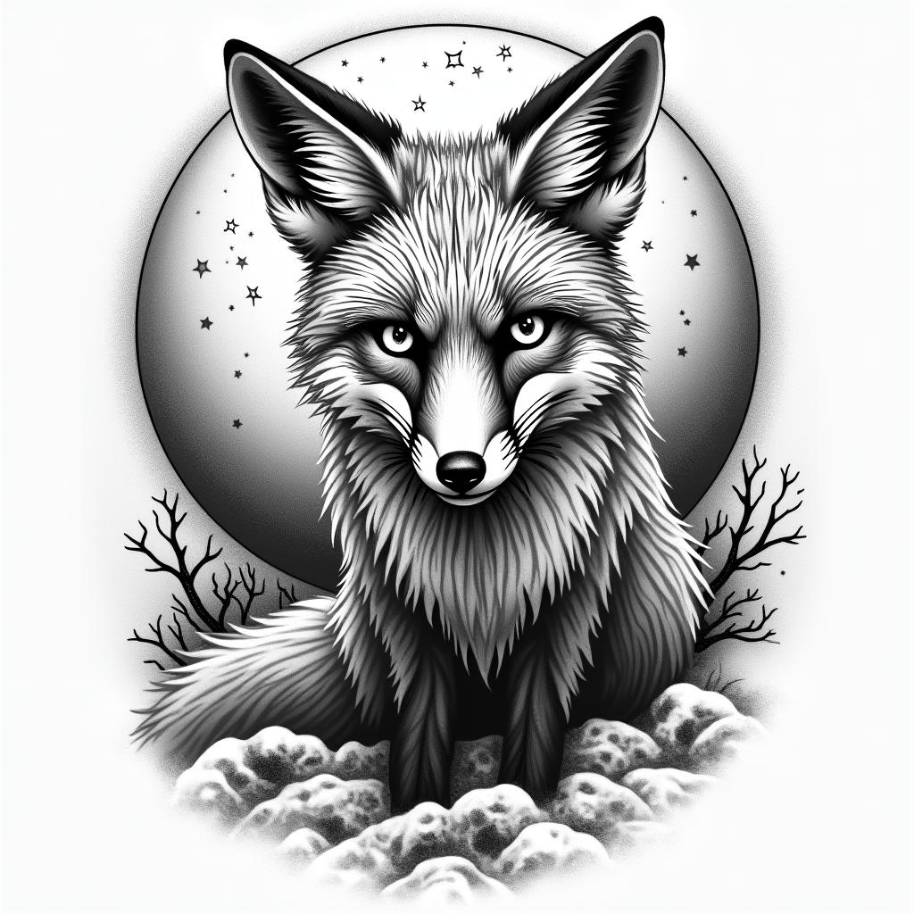 A fox in a snowy landscape under the full moon. In its eyes, there are the constellations of Capricorn and Sagittarius.in graffiti style tattoo, featuring bold and dynamic street art elements, spray-paint texture with exaggerated lines and expressive, chaotic brushstrokes, intricate lettering incorporated with graffiti tags, symbols like hearts, stars, and wings - Variation 4
