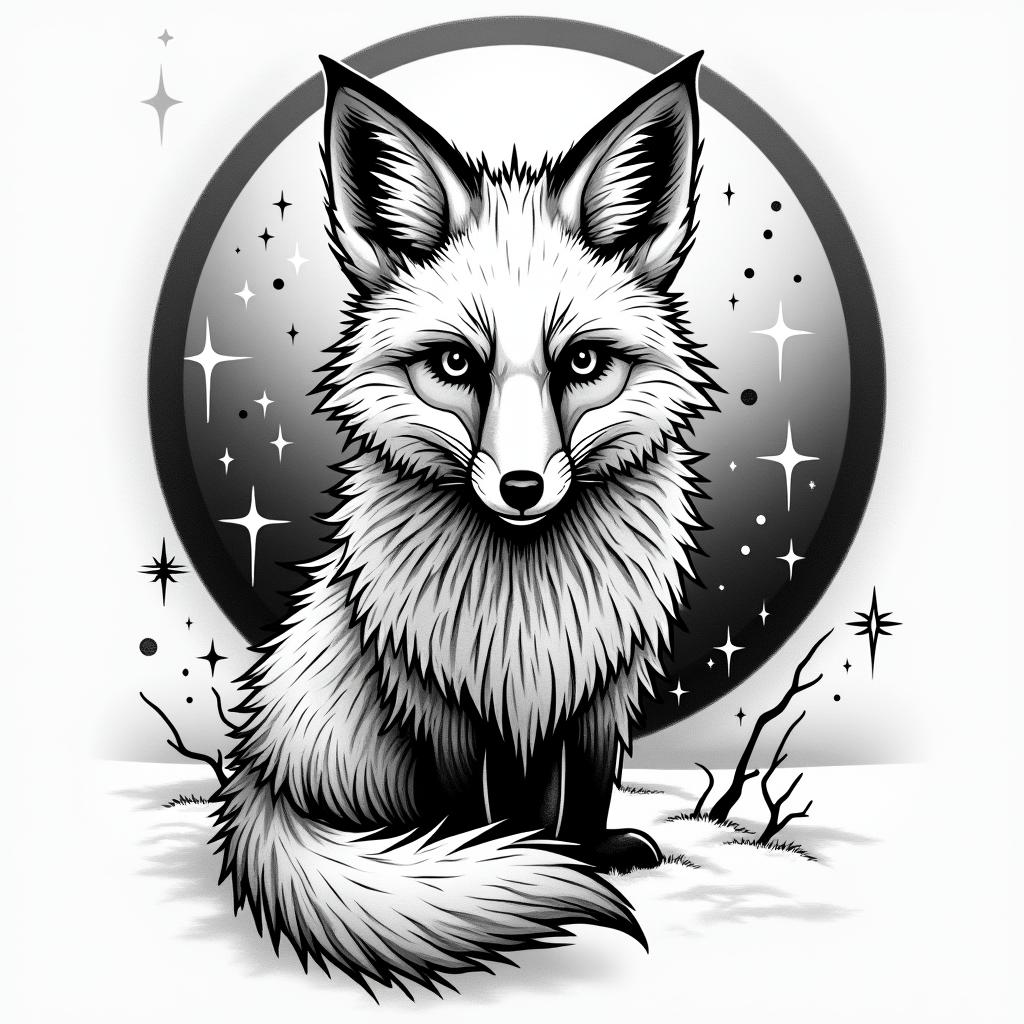 A fox in a snowy landscape under the full moon. In its eyes, there are the constellations of Capricorn and Sagittarius.in graffiti style tattoo, featuring bold and dynamic street art elements, spray-paint texture with exaggerated lines and expressive, chaotic brushstrokes, intricate lettering incorporated with graffiti tags, symbols like hearts, stars, and wings - Variation 3