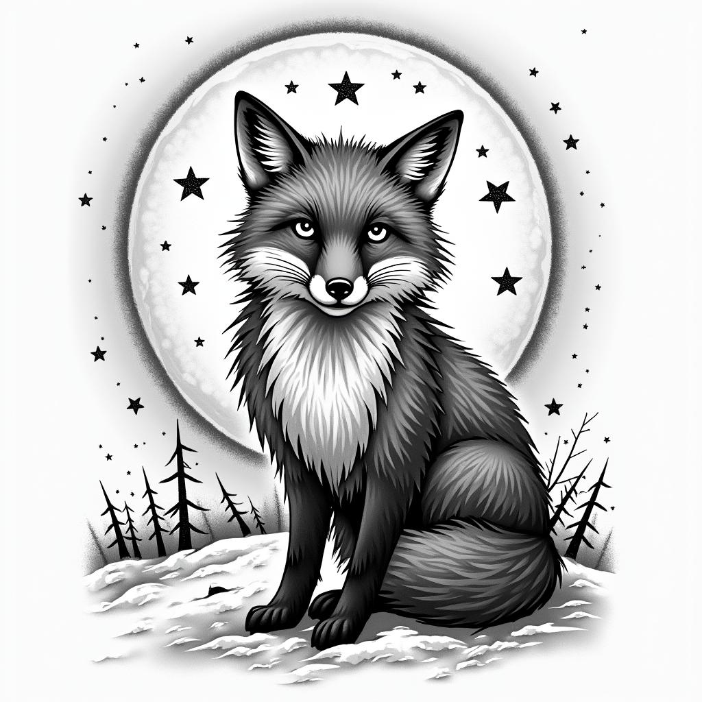A fox in a snowy landscape under the full moon. In its eyes, there are the constellations of Capricorn and Sagittarius.in graffiti style tattoo, featuring bold and dynamic street art elements, spray-paint texture with exaggerated lines and expressive, chaotic brushstrokes, intricate lettering incorporated with graffiti tags, symbols like hearts, stars, and wings