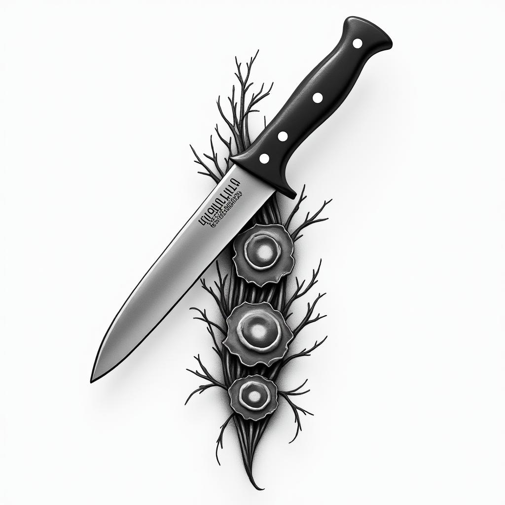 Chef knife with playstation buttonshigly detailed tattoo