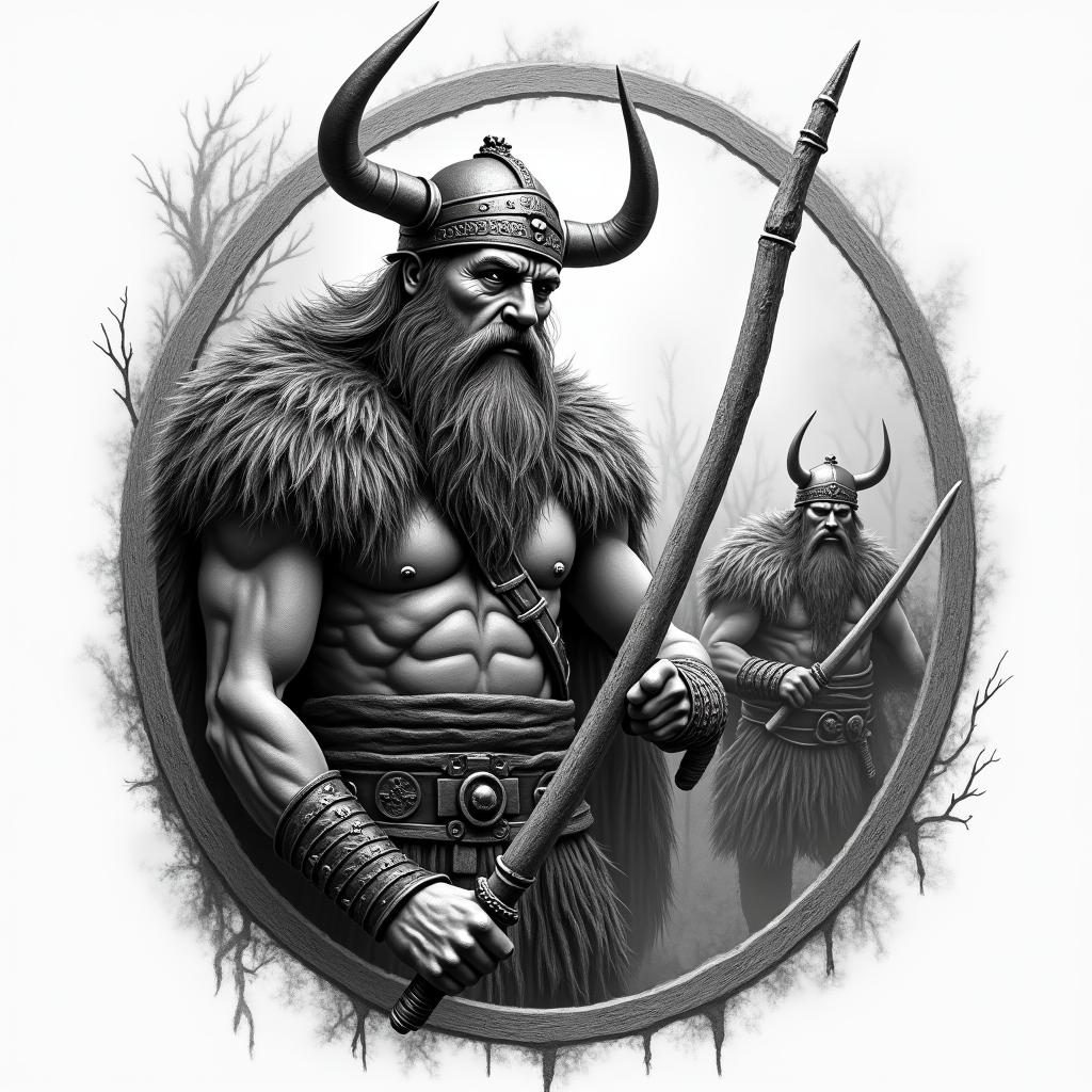 Viking warrior with wooden background with other Vikings fightinghigly detailed tattoo - Variation 1
