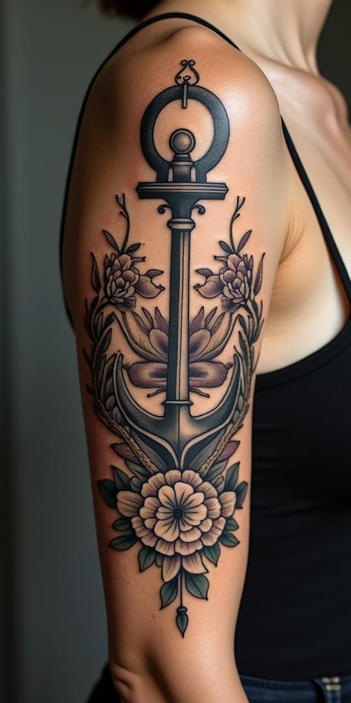 Anchor with nautical rope and compassin victorian style tattoo, featuring vintage and elegant elements, ornate frames, roses, antique, sepia-toned color scheme - Variation 2
