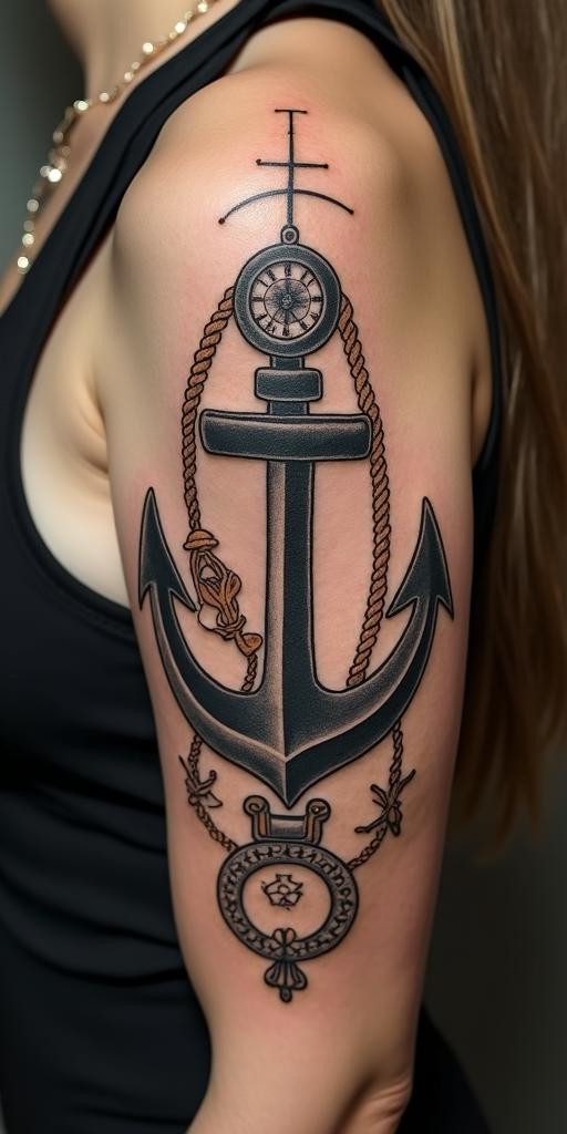 Anchor with nautical rope and compassin victorian style tattoo, featuring vintage and elegant elements, ornate frames, roses, antique, sepia-toned color scheme - Variation 4