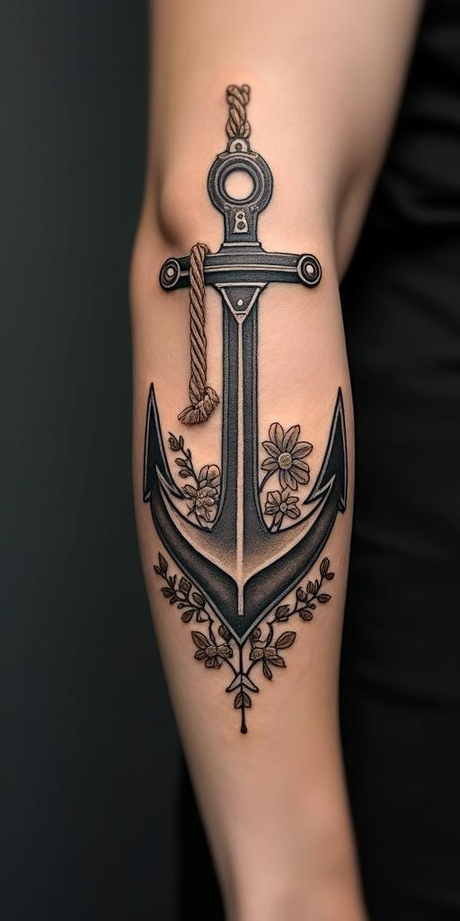 Anchor with nautical rope and compassin victorian style tattoo, featuring vintage and elegant elements, ornate frames, roses, antique, sepia-toned color scheme