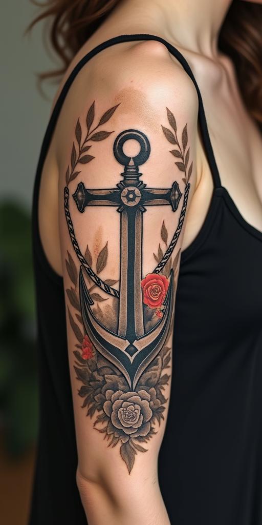 Anchor with nautical rope and compassin victorian style tattoo, featuring vintage and elegant elements, ornate frames, roses, antique, sepia-toned color scheme - Variation 3