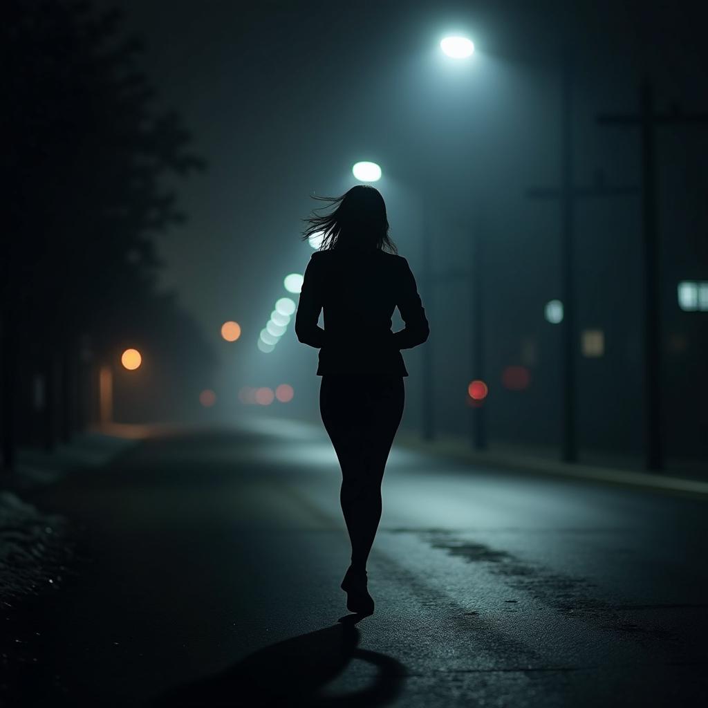 Silhouette of a thin woman running at night under dim street lights, showcasing the empty streets and cold vibe.undefined - Variation 1