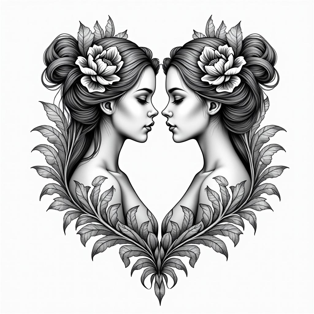 2 girls love joy difficultyin ornamental tattoo style, featuring intricate symmetrical patterns and floral designs, showcasing highly detailed line work and geometric shapes, creating a sense of elegance and balance - Variation 1