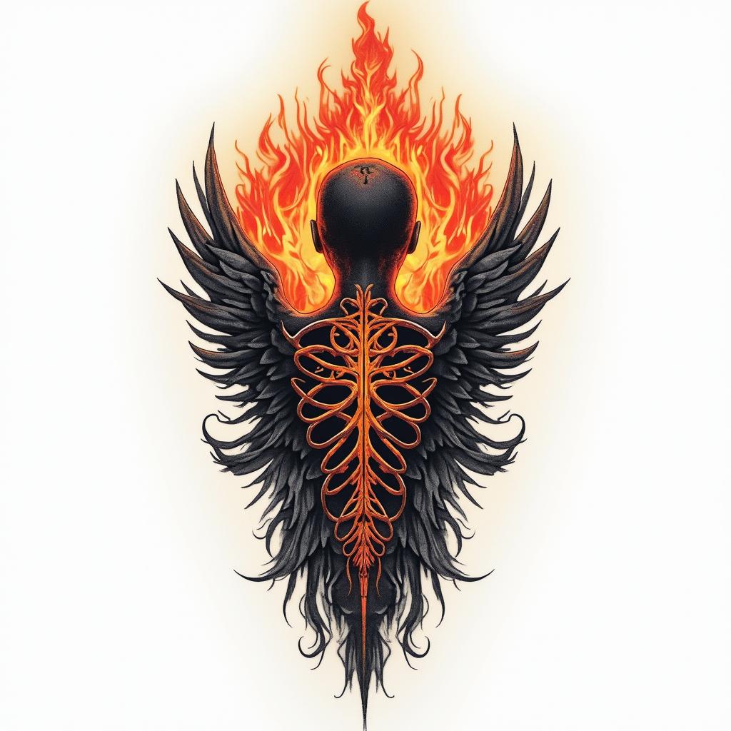 Skinnerback in gothic textin flame tattoo style showcasing fiery elements with dynamic flame patterns, glowing effect of flames, natural colors - Variation 2