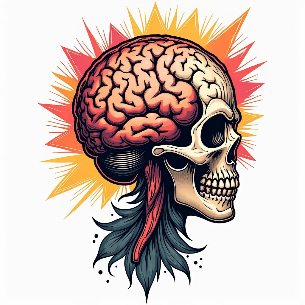Brainin pop art style tattoo, featuring bold and vibrant colors, exaggerated outlines, iconic imagery, inspired by comic books and speech bubbles, comic book characters, retro pop culture - Variation 4