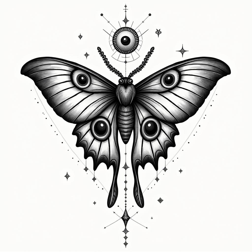Luna moth with infinity symbol in the middlein prophecy tattoo style, featuring mystical symbols, celestial imagery like stars, moons, suns, geometric patterns, foretelling elements, an eye of wisdom - Variation 4