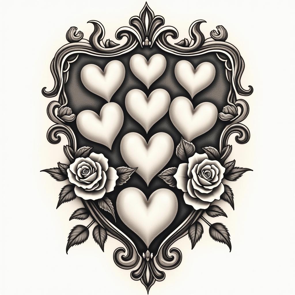 7 heartsin victorian style tattoo, featuring vintage and elegant elements, ornate frames, roses, antique, sepia-toned color scheme - Variation 2